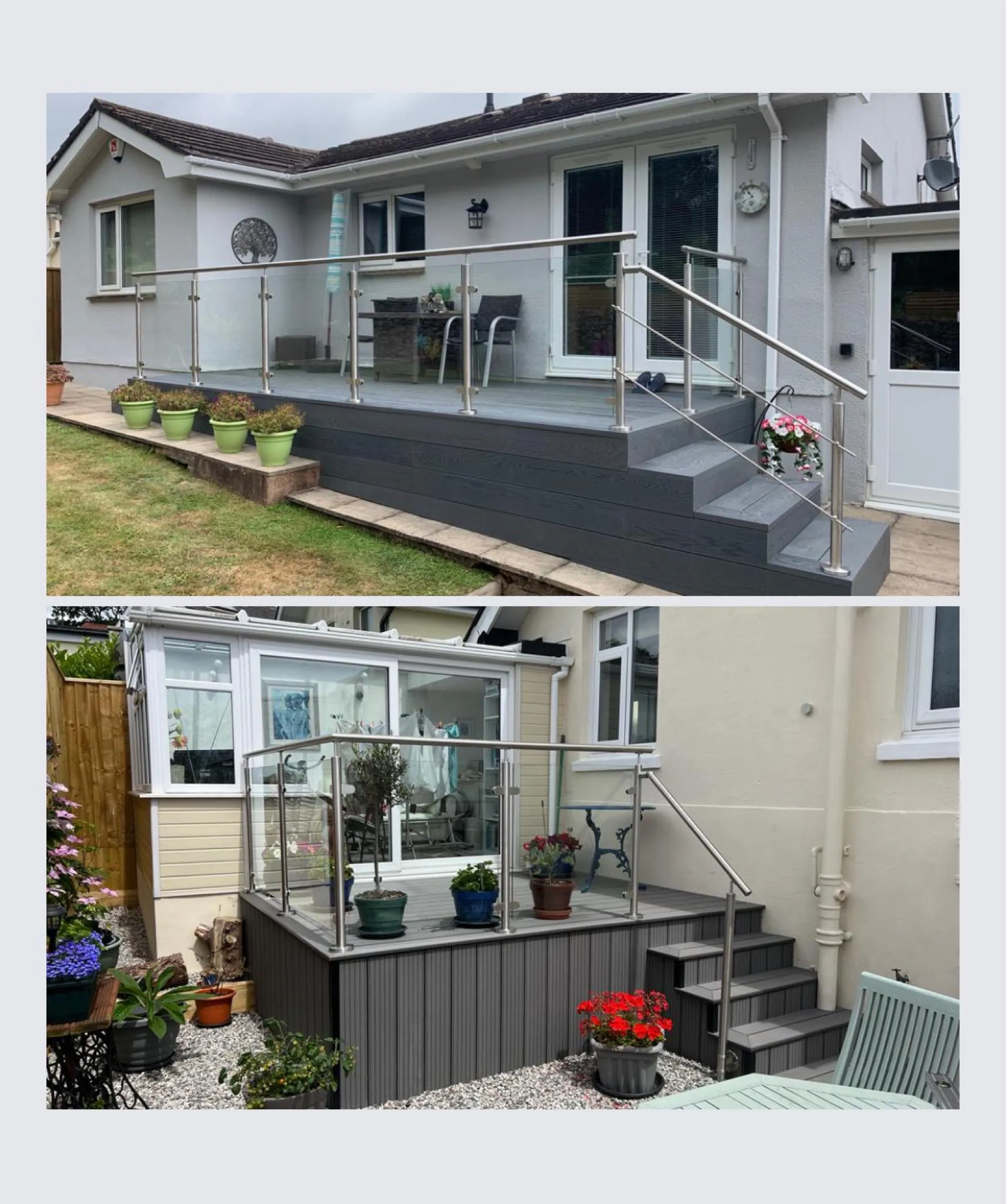 Image of a home featuring two outdoor areas: a gray deck with railing and stairs, and a small patio with potted plants.